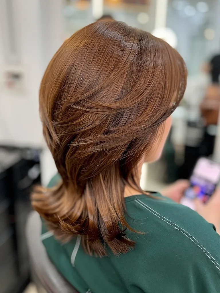 Shoulder-Length Feathered Layers in Rich Chestnut Brown